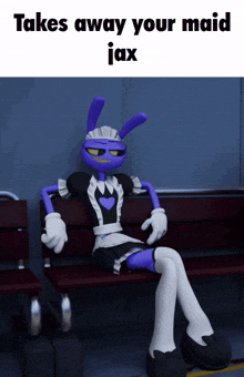 a cartoon character dressed as a maid is sitting on a bench