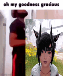 a video game character with horns and the words oh my goodness gracious on the top