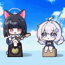a cartoon of a girl playing a guitar next to another girl sitting on a box
