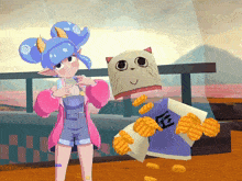 a girl in overalls stands next to a cat with a bag on his head