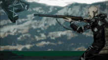 a man is holding a gun in front of mountains