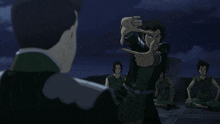 a group of men are gathered around a man in a green uniform with a badge on his chest