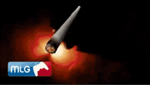 a person is smoking a cigarette with a mlg logo in the background