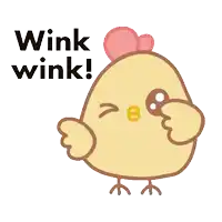 a cartoon chicken says wink wink with a heart on its head