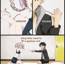 a cartoon of a lesbian and a vegan holding hands