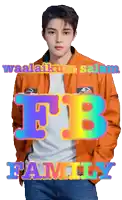 a man in an orange jacket is standing in front of a rainbow colored fb family logo
