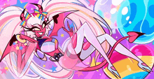 a cartoon illustration of a devil with long hair and wings laying on a colorful surface .