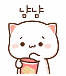 a cartoon cat is eating a snack from a cup