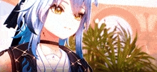 a girl with blue hair and yellow eyes is wearing a black jacket