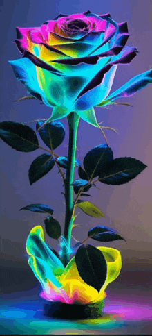 a rainbow colored rose is surrounded by leaves
