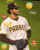a padres baseball player is surrounded by emojis including one that says bae
