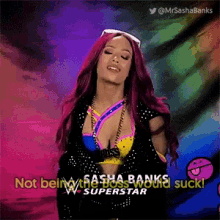 a pixelated image of a woman with purple hair and the words not being a w superstar