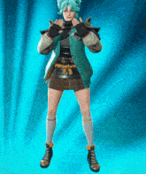 a girl with blue hair is wearing a green jacket and a brown skirt