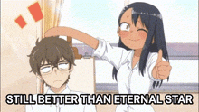 a boy and a girl are standing next to each other and the girl is giving the boy a thumbs up sign .