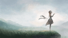 a girl in a white dress is standing on a grassy hill
