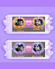 a man and a woman are on a phone with hearts around them and their names are rahman and riya
