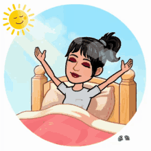a cartoon of a woman laying in bed with her arms outstretched and the sun behind her