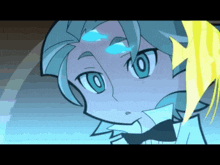 a close up of a cartoon character 's face with a lightning bolt in the background