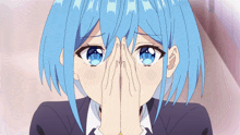 a girl with blue hair is covering her eyes with her hands