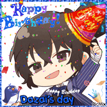 a picture of a boy wearing a party hat with the words happy birthday dazai 's day