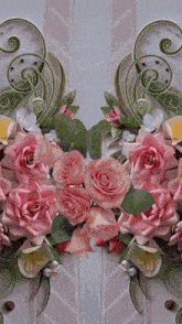 a painting of pink roses and swirls on a striped background