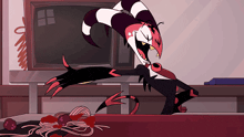 a cartoon character is standing in front of a microwave and eating spaghetti