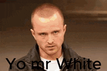 a man in a black jacket with the words yo mr white on the bottom