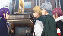 a group of anime characters are standing in front of a building that says imperator