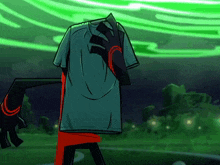 a cartoon drawing of a person holding a shirt with a green background