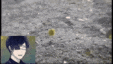 a man with a bandage on his eye is smiling in front of a pile of rocks
