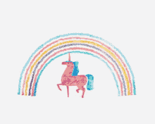 a pink unicorn is standing under a rainbow