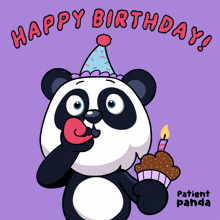 a panda bear wearing a party hat is holding a cupcake with a candle