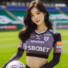 a woman wearing a soccer jersey that says sbobet