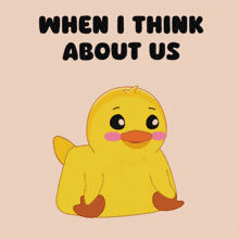 a pink duck with hearts around it and the words " when i think about us " above it