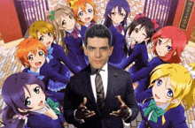 a man in a suit and tie is surrounded by anime girls in a circle .