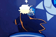 a cartoon character is standing on top of a blue and white object in the dark .
