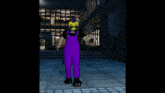 a person wearing purple overalls and a mask is rollerblading