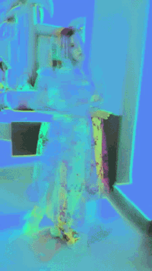 a woman in a floral dress is standing in a room