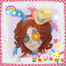 a picture of a girl with flowers on her face and a top hat with the word picmix on the bottom right
