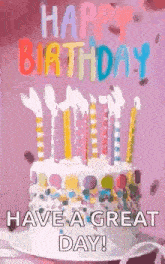 a birthday cake with candles on it and the words `` have a great day '' .