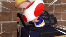 a video game character is laying on a bed with a laptop