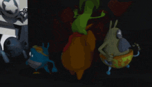 a group of cartoon characters are standing next to each other in a dark room