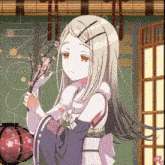 a girl with long white hair is holding a flower branch