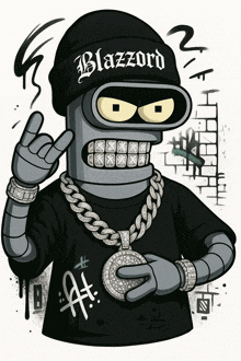 bender from the simpsons is wearing a black beanie that says blazzard on it