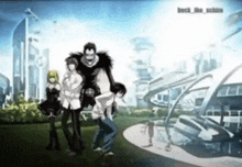 a group of anime characters standing next to each other in front of a futuristic city