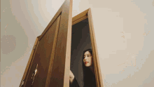 a woman stands in a doorway looking out