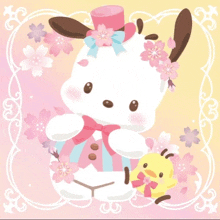 a picture of a dog and a duck with pink flowers