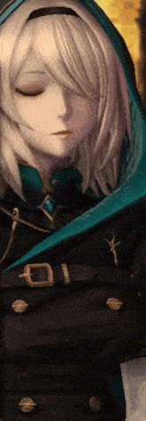 a girl with white hair is wearing a black jacket and a blue hood
