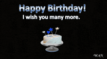 a birthday card with a cake on a stand and the words happy birthday i wish you many more