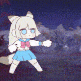 a cartoon girl with white hair and blue eyes is standing in front of a snowy mountain .